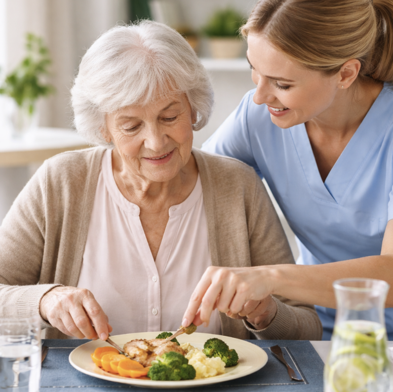 Pessoa idosa a ser acompanhada por um cuidador durante a refeição, num ambiente calmo e organizado, com alimentos equilibrados apresentados num prato.