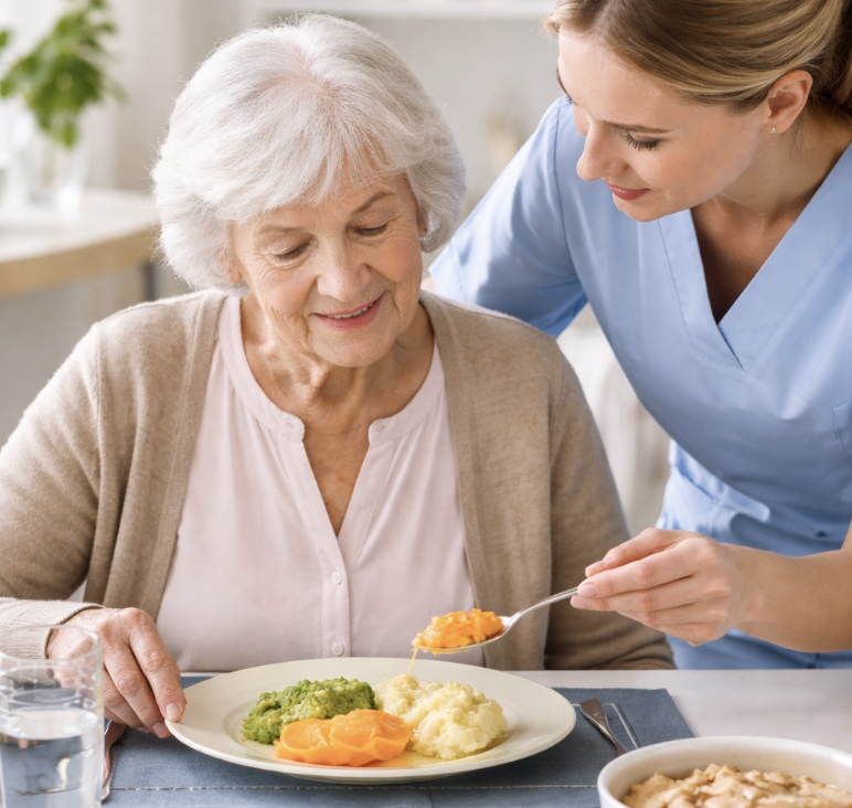 Pessoa idosa com Alzheimer a ser ajudada por um cuidador durante a refeição, com alimentos de textura adaptada apresentados num prato, em ambiente calmo e bem iluminado.