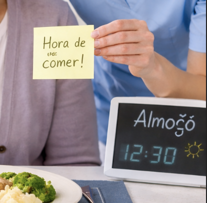 Pessoa idosa sentada à mesa com prato de comida à frente, enquanto um cuidador lhe mostra um lembrete visual para a hora da refeição, num ambiente calmo e organizado.