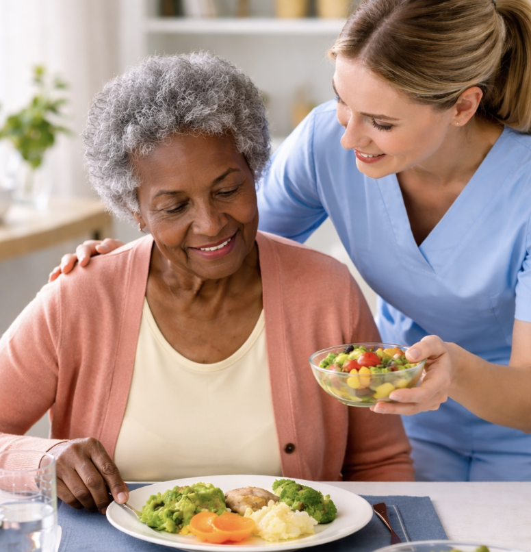 Mulher idosa negra a sorrir durante a refeição, acompanhada por uma enfermeira que lhe oferece uma salada, num ambiente luminoso e acolhedor.