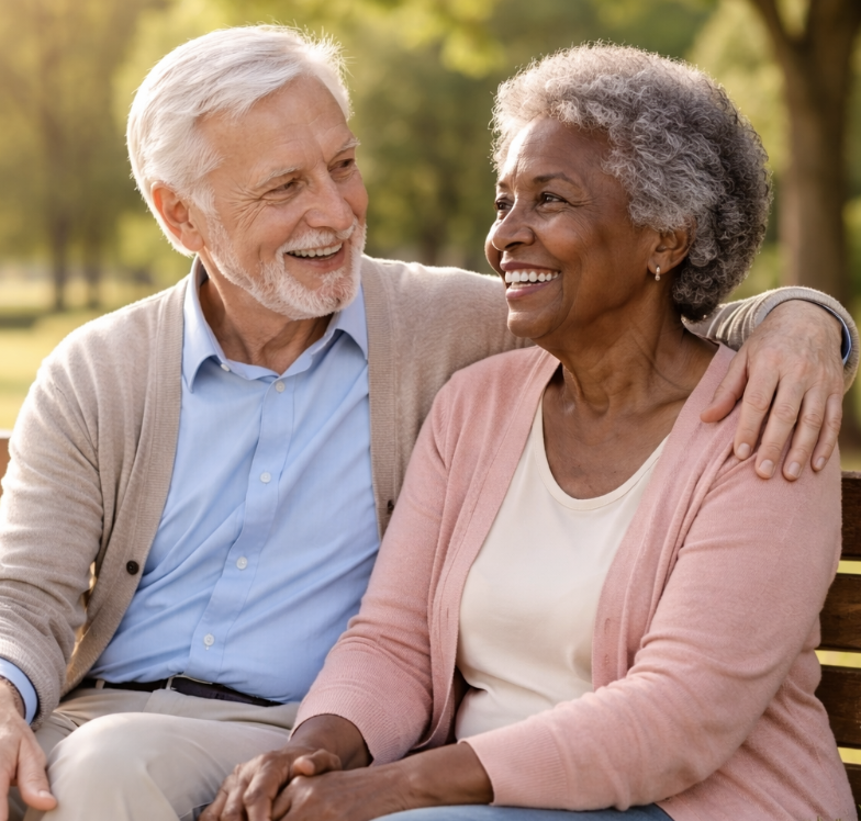 Casal idoso sentado num banco de parque, sorrindo e conversando, em ambiente natural e tranquilo ao ar livre.