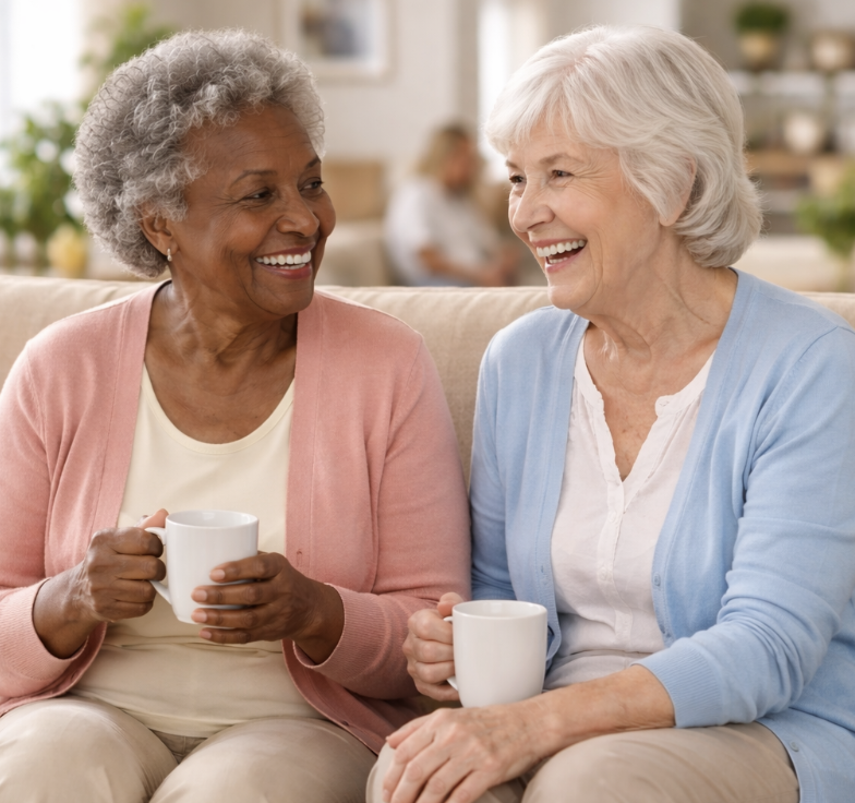 Duas mulheres idosas sentadas num sofá, conversando e sorrindo, segurando chávenas, num ambiente acolhedor e confortável.
