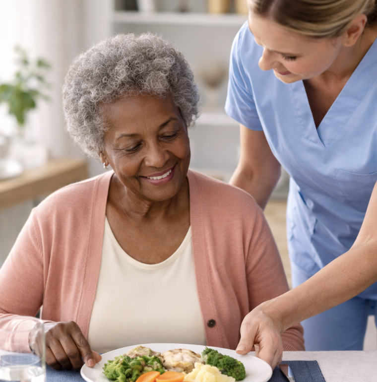 Mulher idosa negra sentada à mesa durante a refeição, acompanhada por uma enfermeira que lhe serve um prato, num ambiente calmo e acolhedor.