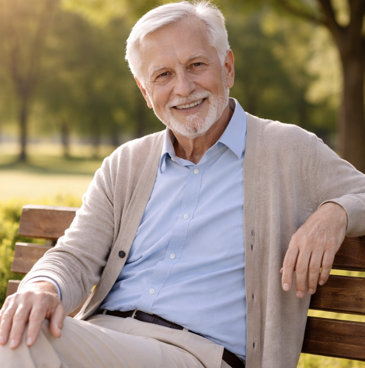 Homem idoso sentado num banco de parque, sorrindo, num ambiente natural e tranquilo ao ar livre.